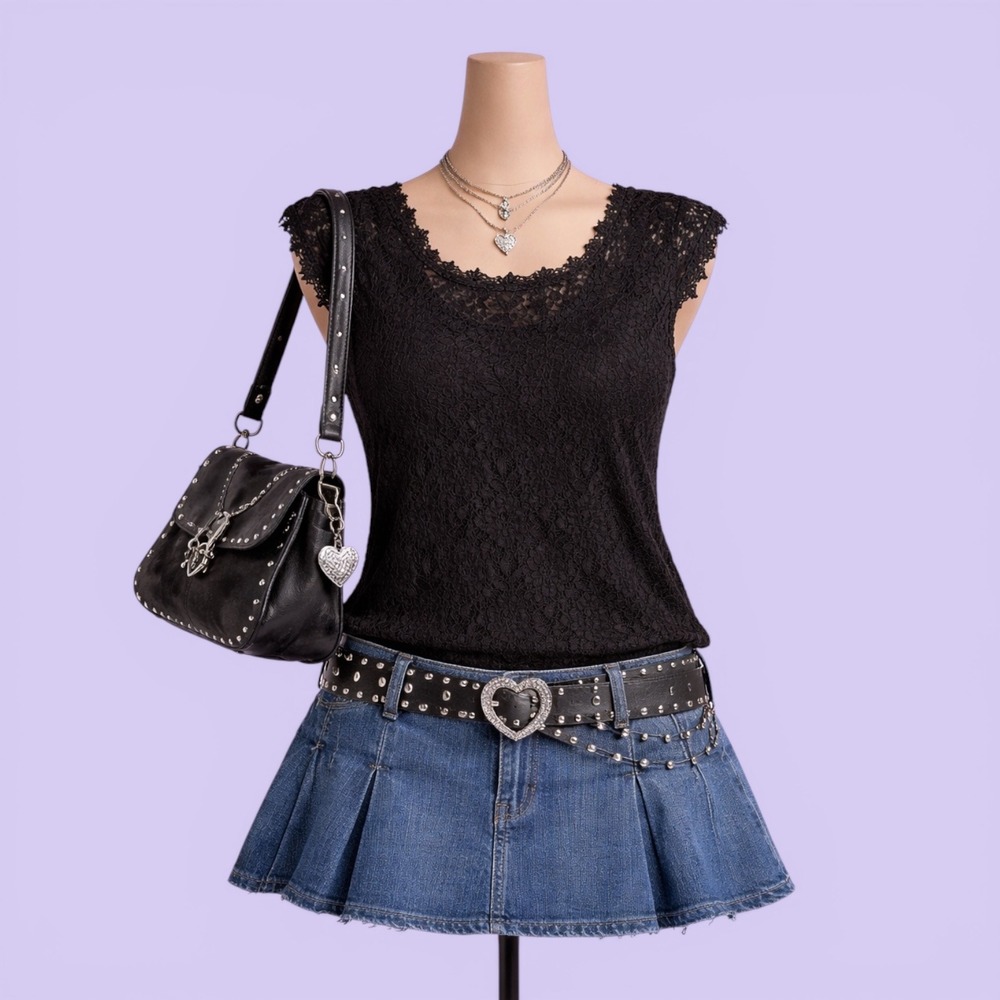 Express Vintage Y2K Black Floral Lace Sleeveless Top Scalloped Trim Size M Goth